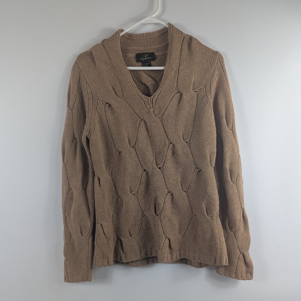Cozy V-Neck Cable Knit Sweater - Tan 100% Cashmere